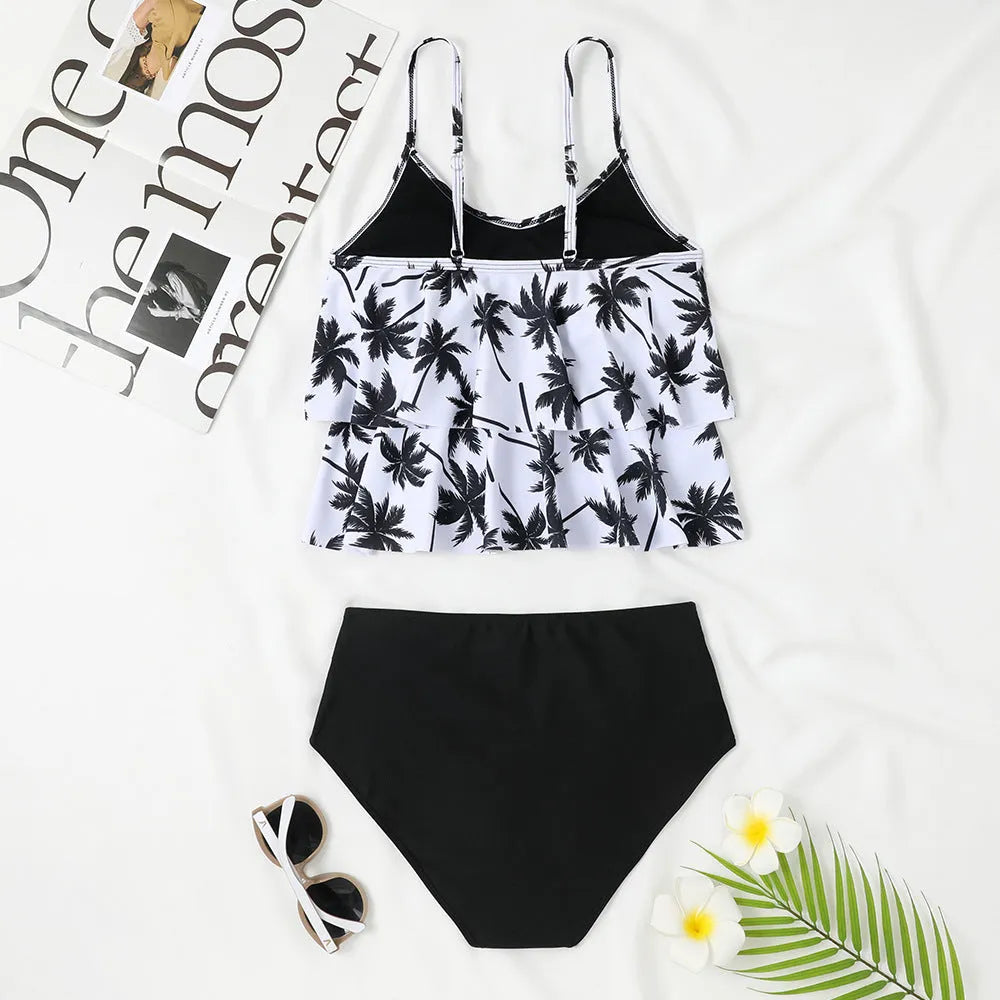 Women's high waist double-layer swimsuit in a black and coconut tree print pattern