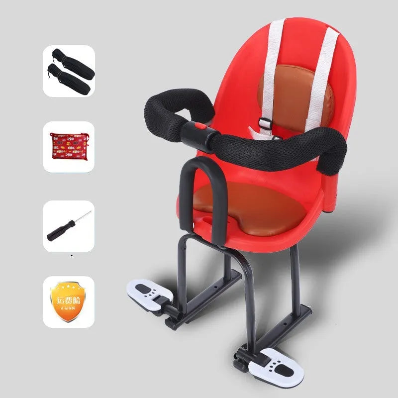 Black front child safety seat for an electric scooter, showing a high carbon steel frame.