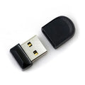 Black plastic USB 2.0 flash drive measuring 2.3 x 1.5 x 0.8 cm with paper card packaging