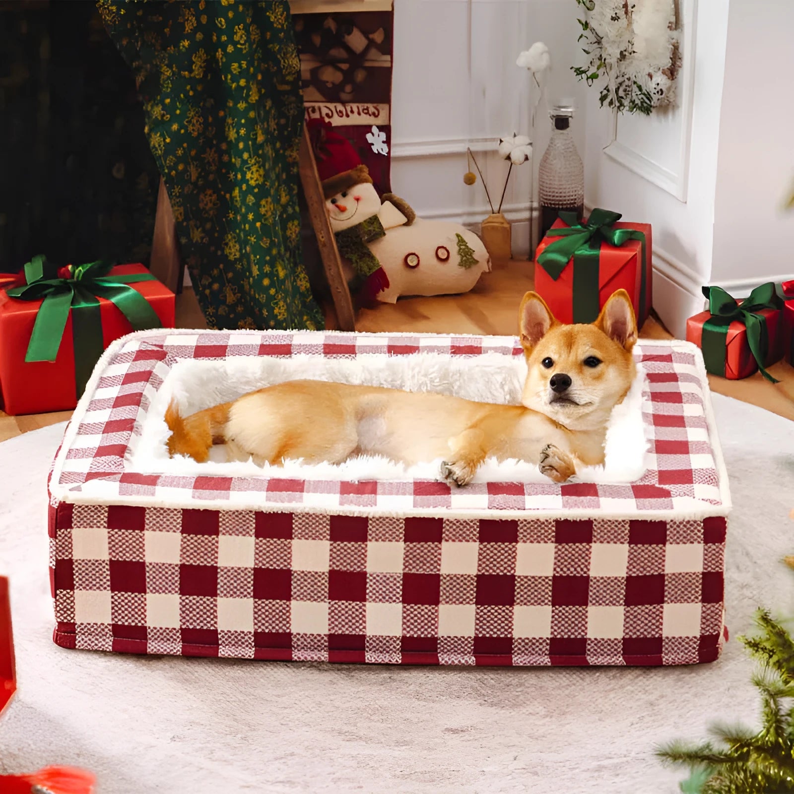 Classic plaid pattern dog cushion with removable washable cover, shown in red, for a medium dog crate.