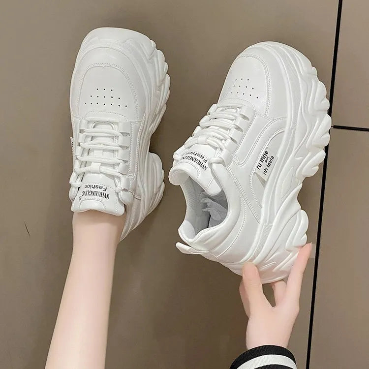 Height increasing insole dad shoes for women, super high heel, mesh upper, black colour, front lace-up