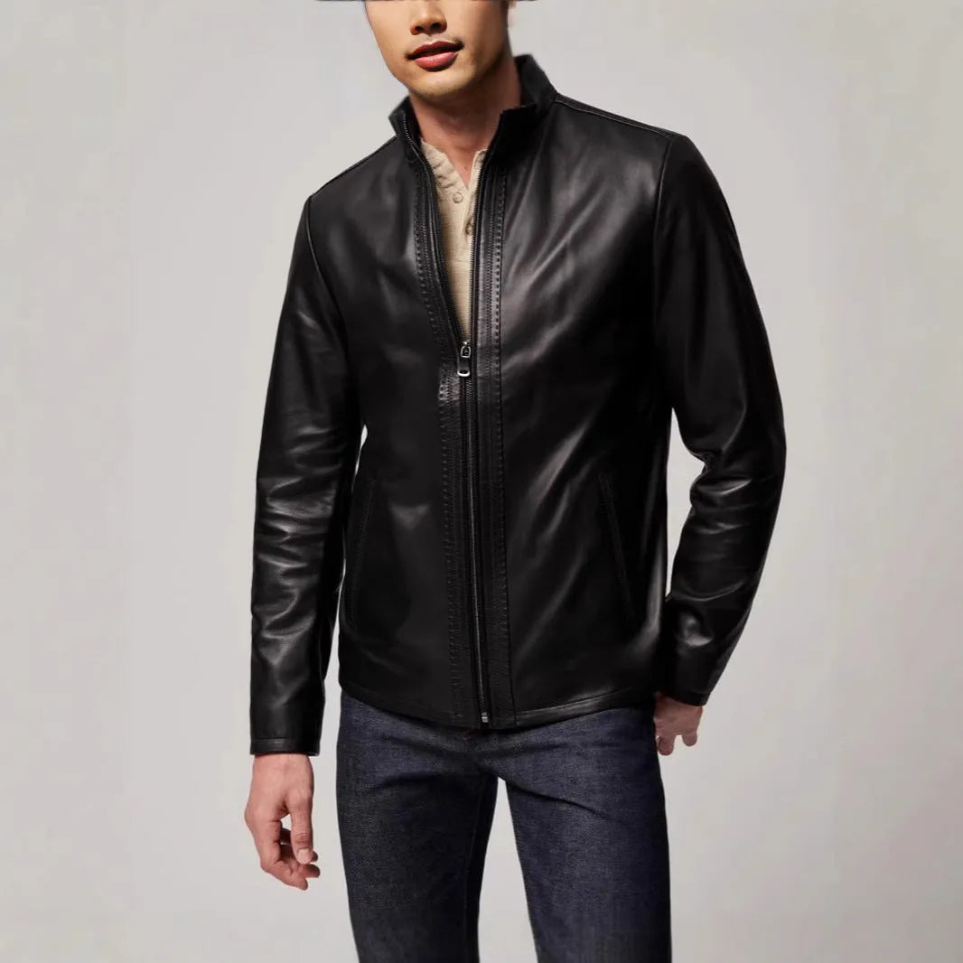 Black men's American retro style leather jacket made from polyester fabric with long sleeves and straight hem