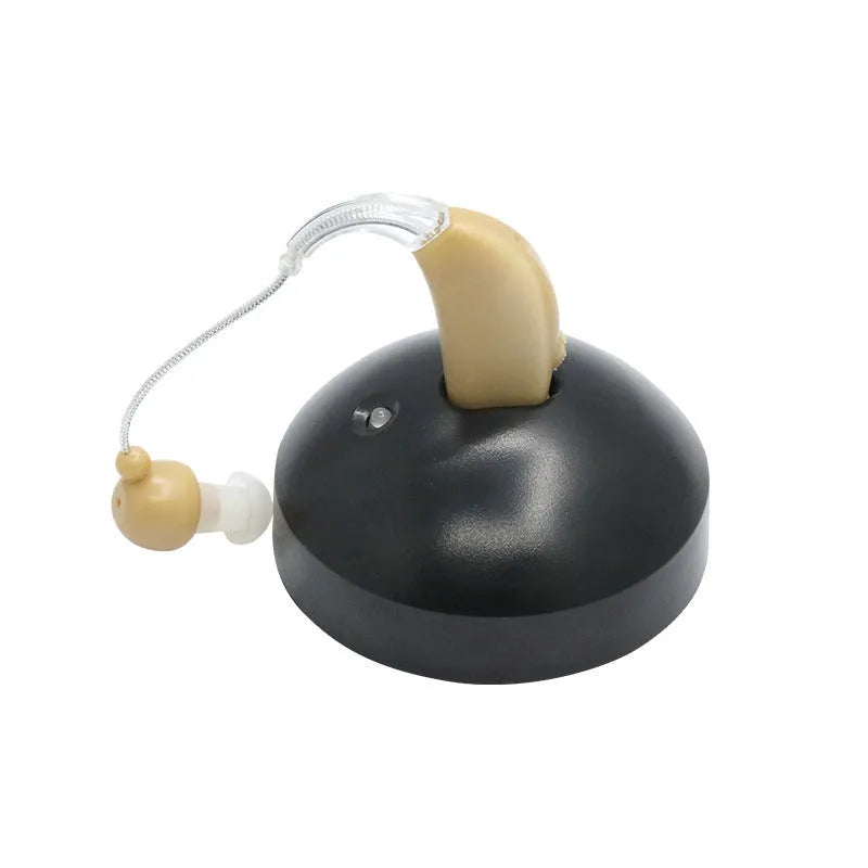 Black rechargeable hearing aid amplifier with silicone construction designed for elderly users
