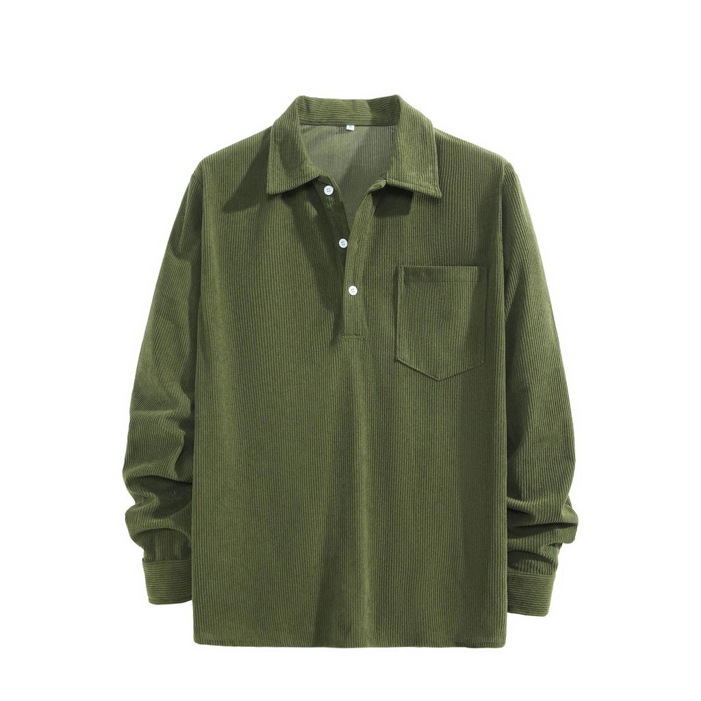 American retro casual bottoming shirt in black, loose fit polyester pullover, front view