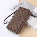 Long black PU leather wallet clutch with retro styling, open to show mobile phone compartment and coin purse sections