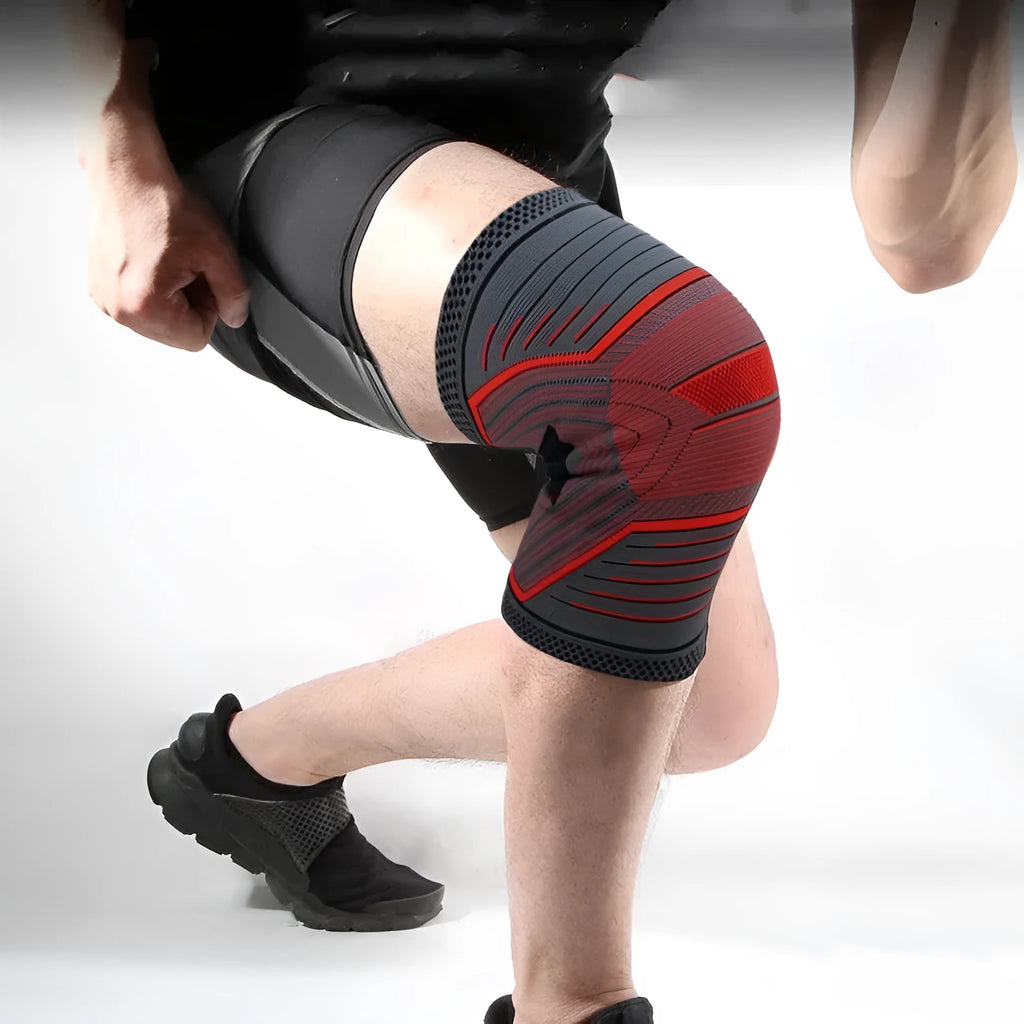 Outdoor sports kneecaps with four-sided elastic construction, shown in red, green, and orange colours, sized for tennis and athletic use