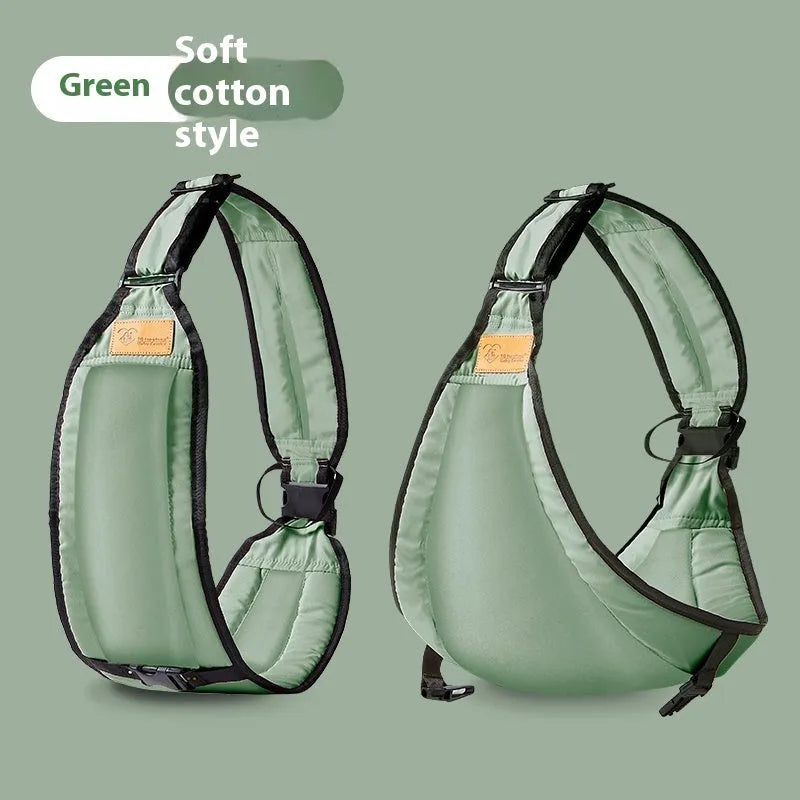 Cloth baby carrier waist stool for children, shown in black, green, grey, or pink colour options.