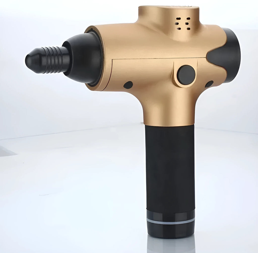 EM03 digital massage gun with LCD screen, six massage heads, and 20 speed levels in black finish
