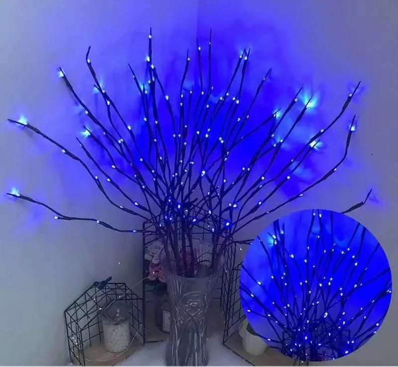 LED decorative tree light with silver artificial branches in vase base showing multiple colour options