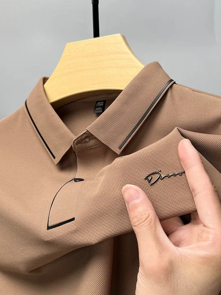 Men's ice silk short sleeve shirt collar summer polo shirt, loose fit, solid colour, nylon fabric, casual top