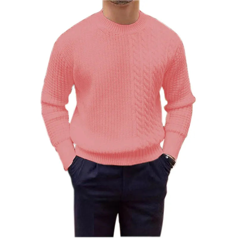 Men's coarse yarn knitted pullover sweater with twisted string design, available in white, black, wine red, khaki, green, and pink.