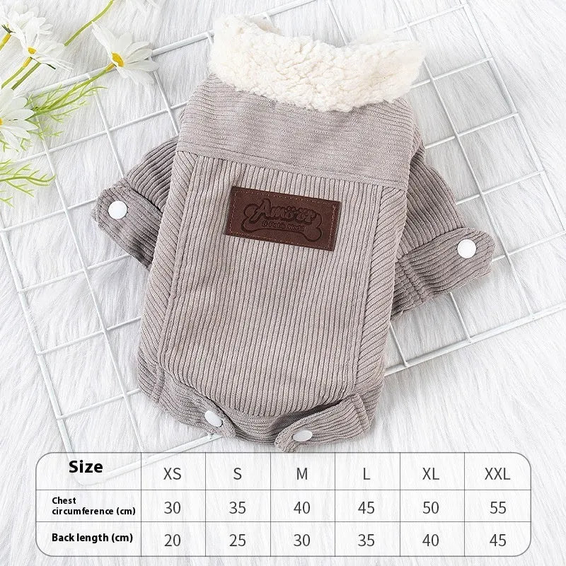 Grey lambswool dog vest with fleece lining for winter warmth, shown on a model dog.