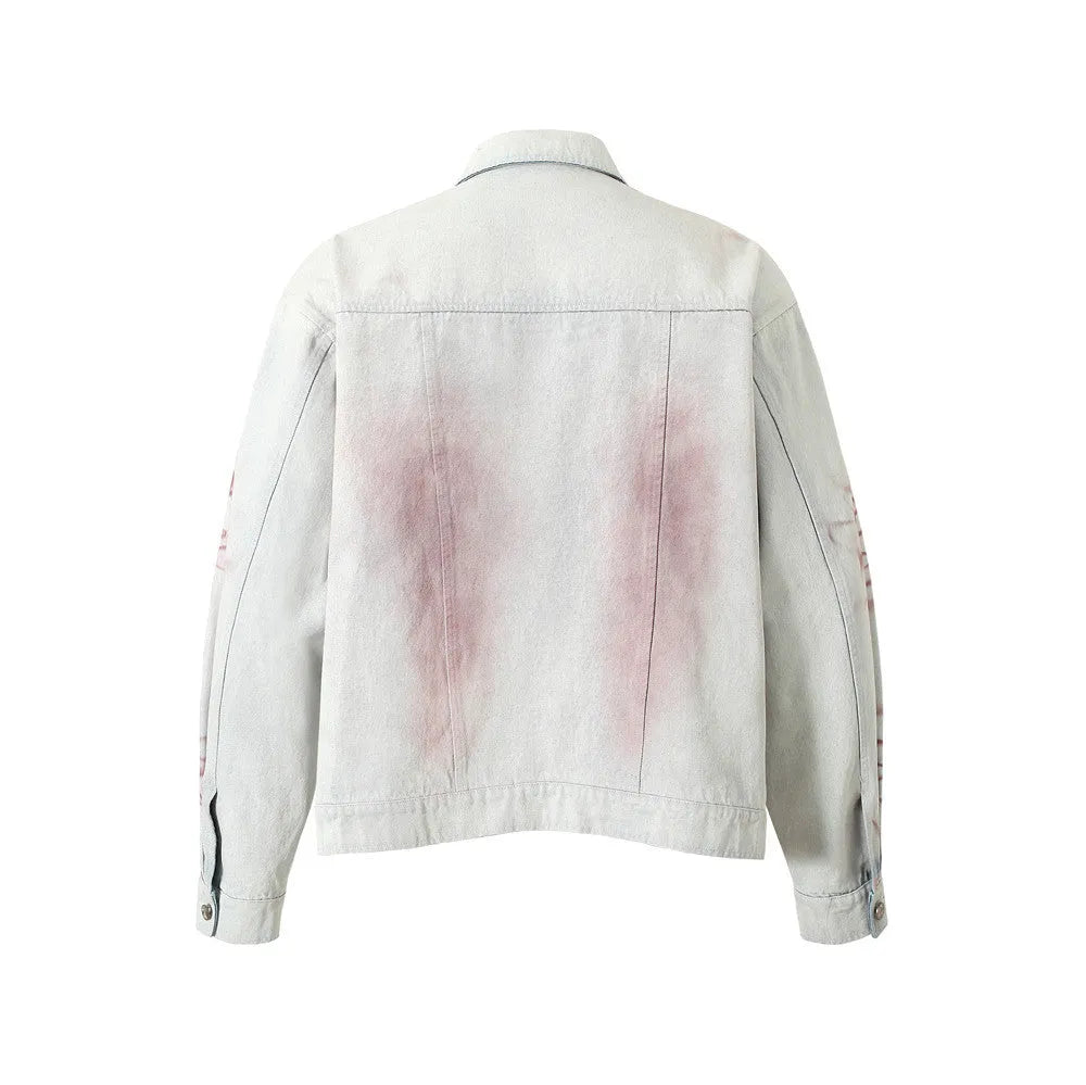 Blue inkjet tie-dyed cotton denim loose jacket for men, long sleeves, straight hem, casual wear