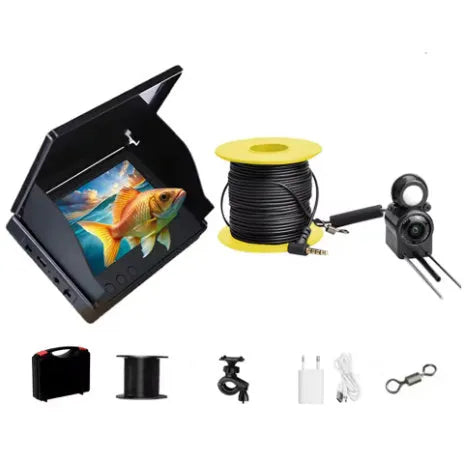 Fish finder underwater HD camera with 4.3-inch screen, temperature sensor, and long video cable.