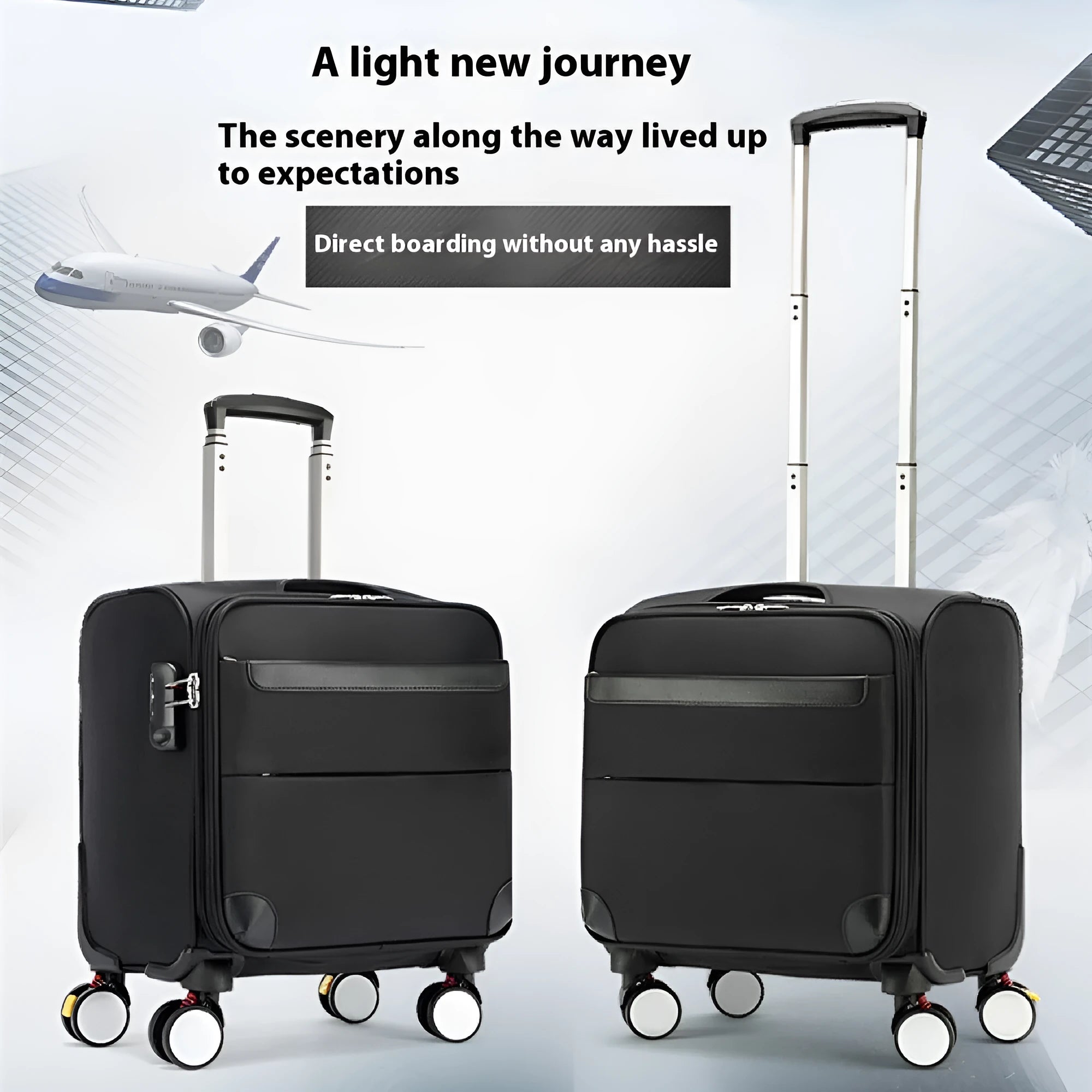 18-inch black Oxford cloth business travel suitcase with pull handle and universal wheels