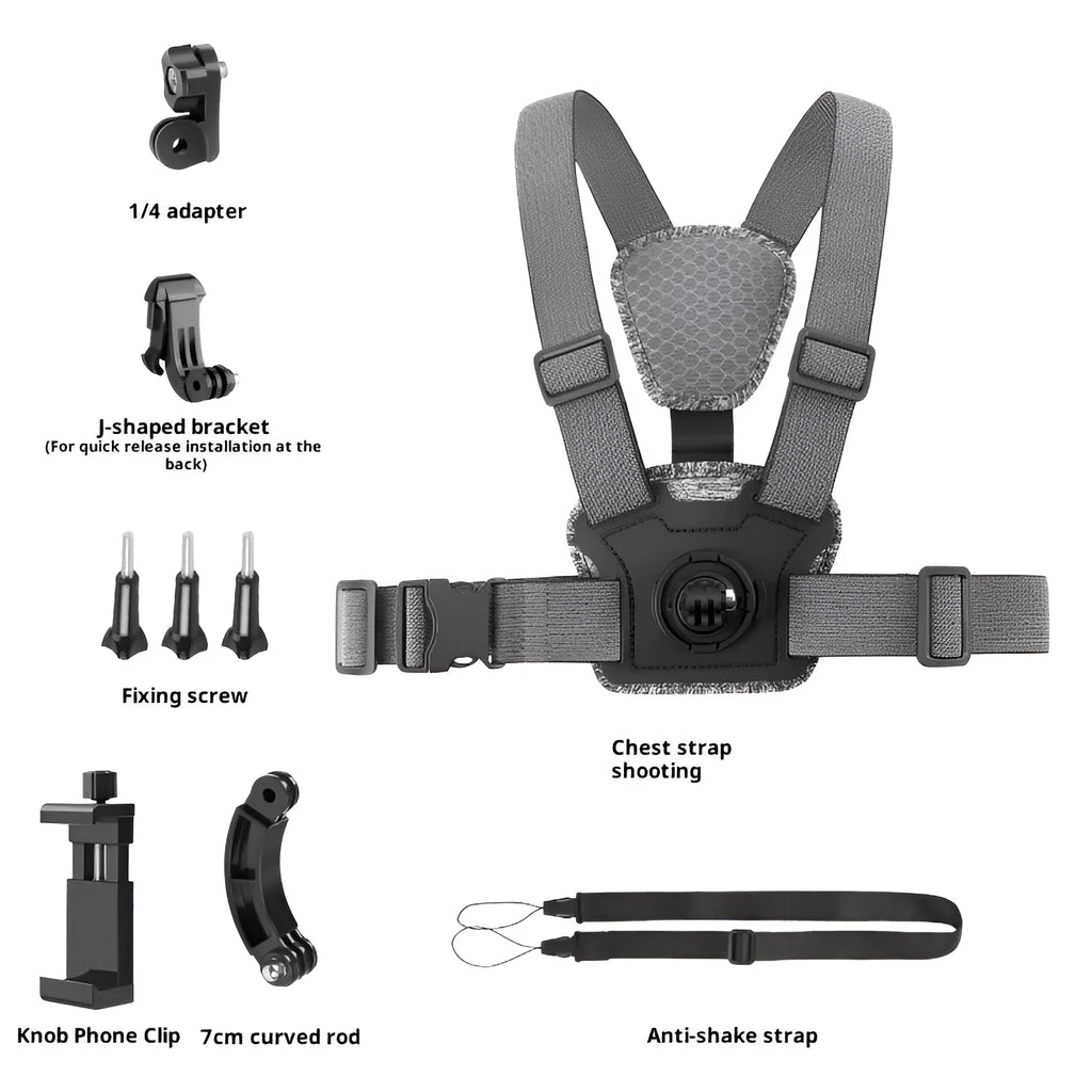 Chest mount kit with chest strap, adapter, phone clip, curved extension rod, and anti-shake rope for dual-camera action camera setup