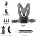 Chest mount kit with chest strap, adapter, phone clip, curved extension rod, and anti-shake rope for dual-camera action camera setup