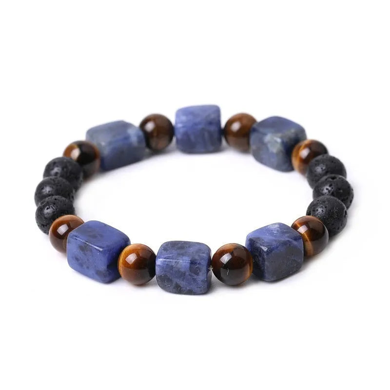 Square amethyst and volcanic stone geometric bracelet with handmade 8mm beads in five colour options