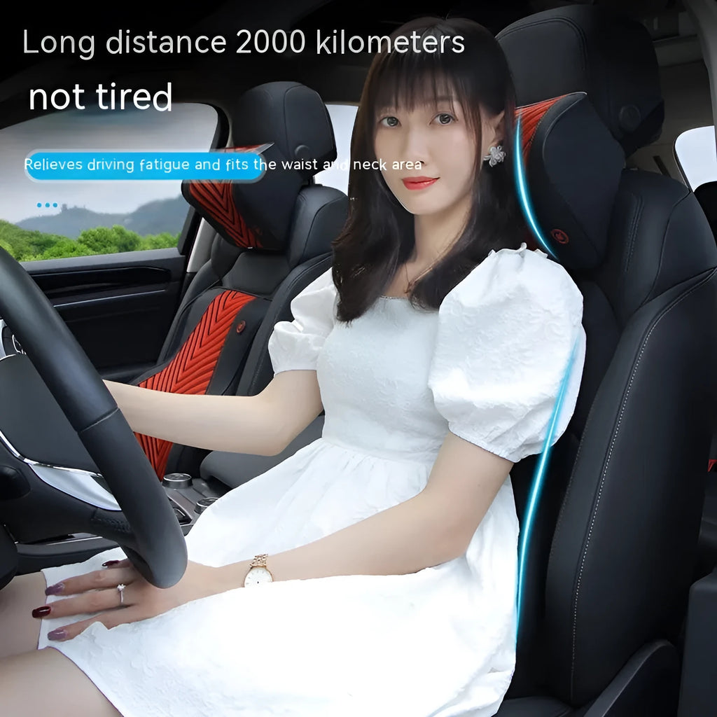 Black and orange electric heating massage car headrest and lumbar support cushion on a car seat.