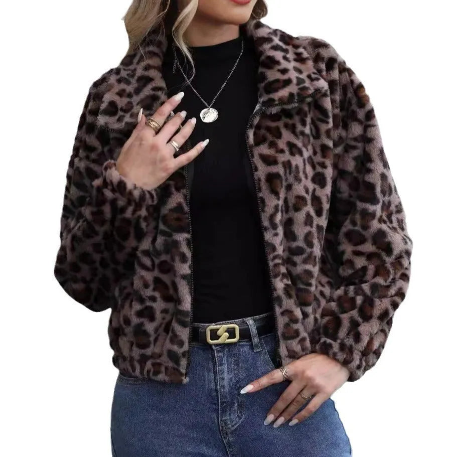 Women's loose fit leopard print plush coat with front zipper closure showing raglan sleeves