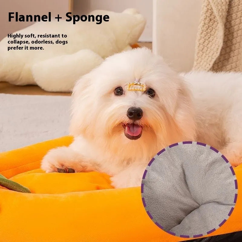 Washable dog mat pet bed in purple colour, shown in a home setting next to a small dog.