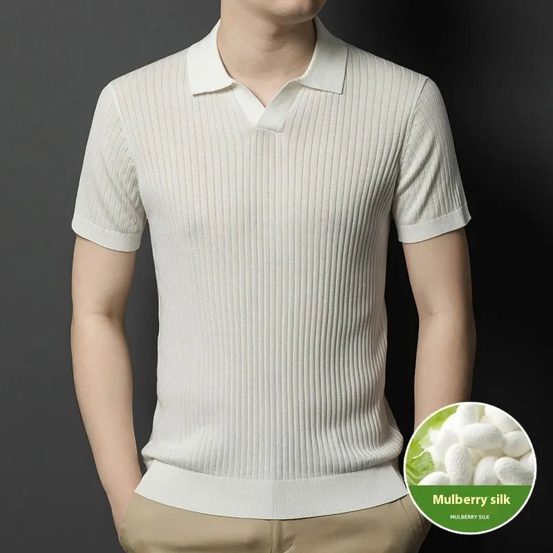Man wearing a striped mulberry silk T-shirt with a short sleeve and lapel collar.
