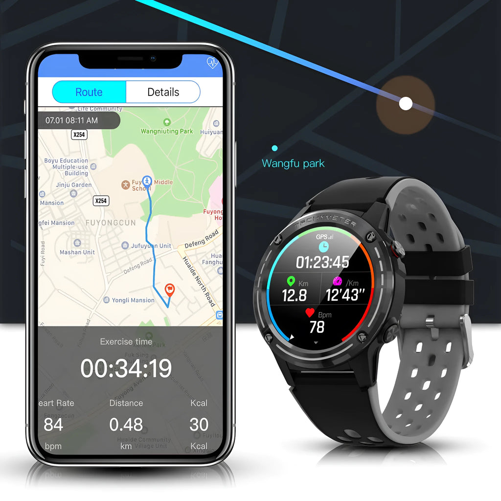 GPS smart watch with silicone strap in four colour options showing touch screen interface