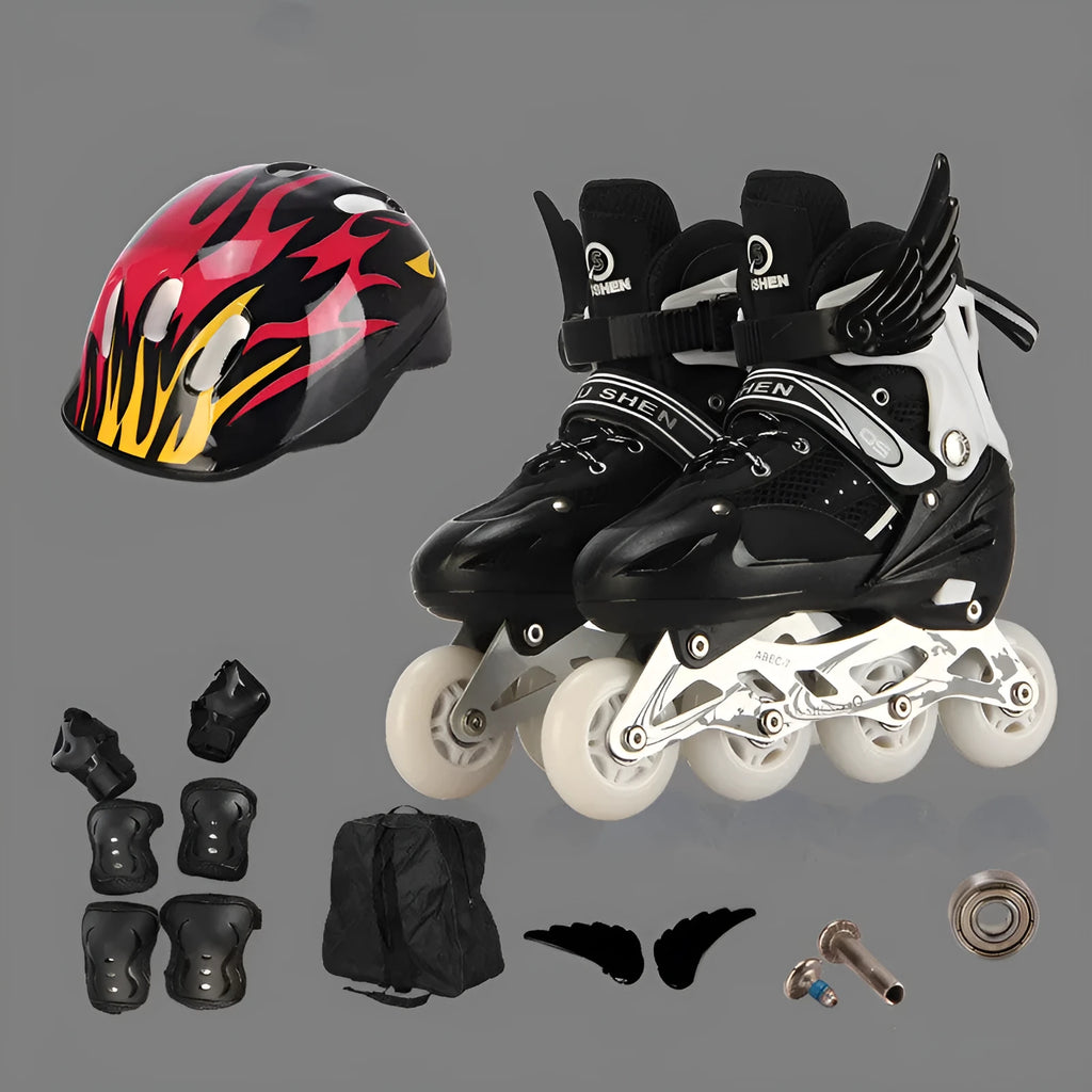 Children's adjustable roller skates with protective gear in yellow, red, blue, black or pink