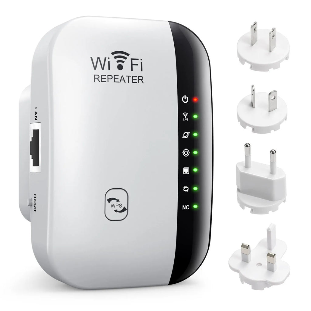 Wireless network extender unit in Black Third Generation with two antennae and plug for UK socket, on white background