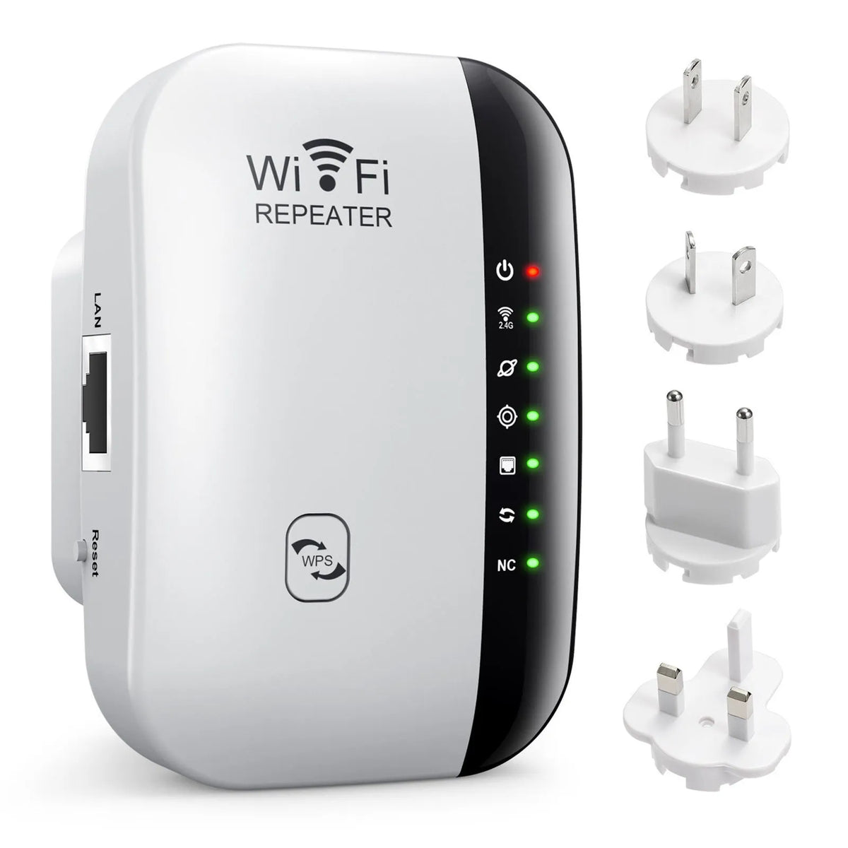 Wireless network extender unit in Black Third Generation with two antennae and plug for UK socket, on white background