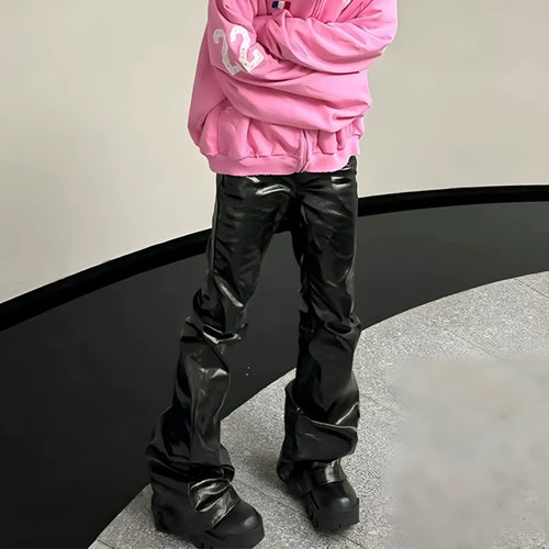 Black coated patent leather skinny jeans with straight leg cut and mid waist design