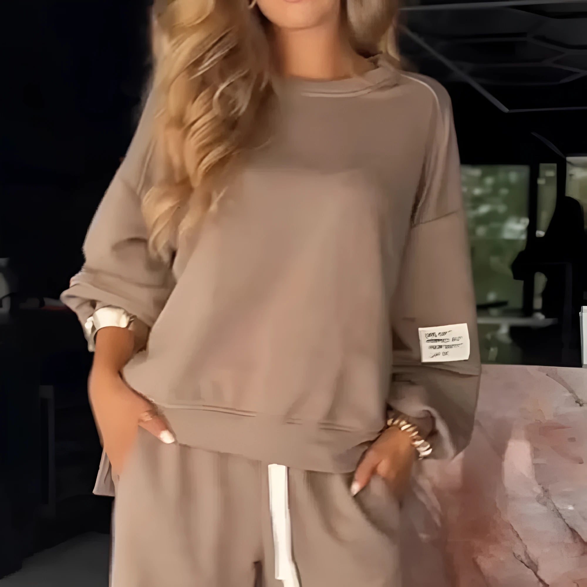 Casual women's wide leg trousers suit set in khaki, including top and wide leg trousers, polyester fabric, S to 5XL Asian sizing
