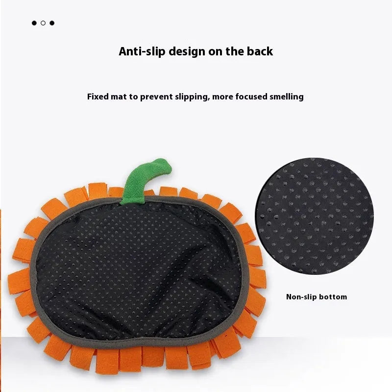 Orange, black, and green pumpkin-shaped pet smell mat made from polar fleece cloth.