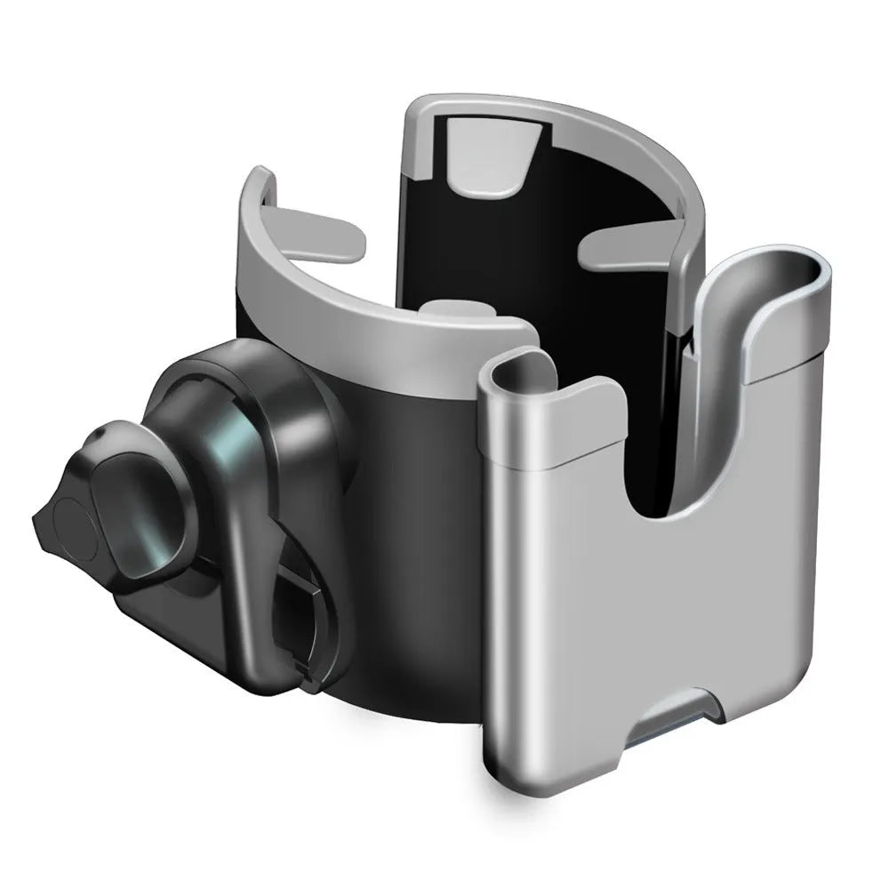 2-in-1 baby stroller cup holder in black, made of silicone and ABS, clipped onto pushchair handlebar