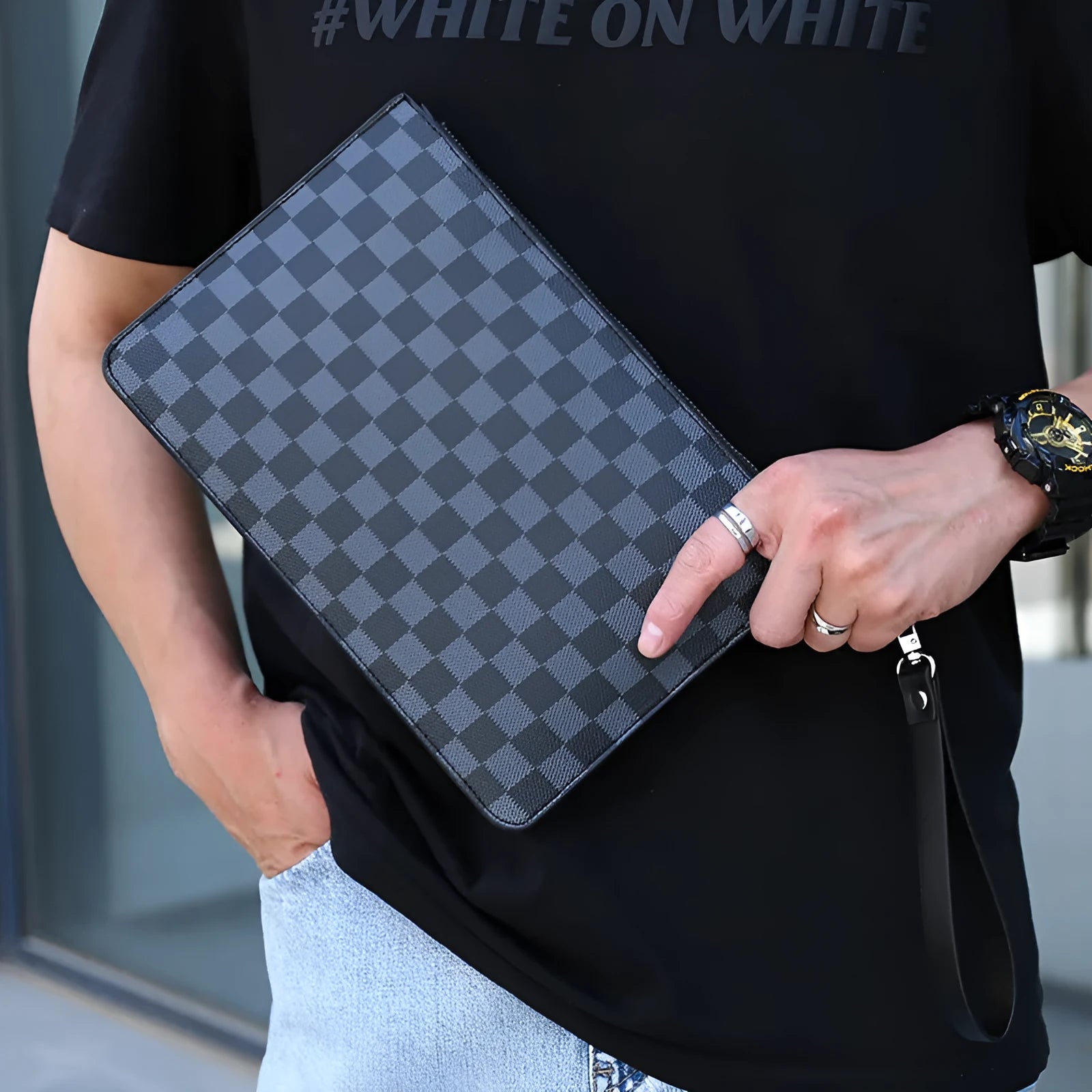 Men's soft PU leather clutch wallet with checkered pattern showing card slots and zipper pocket