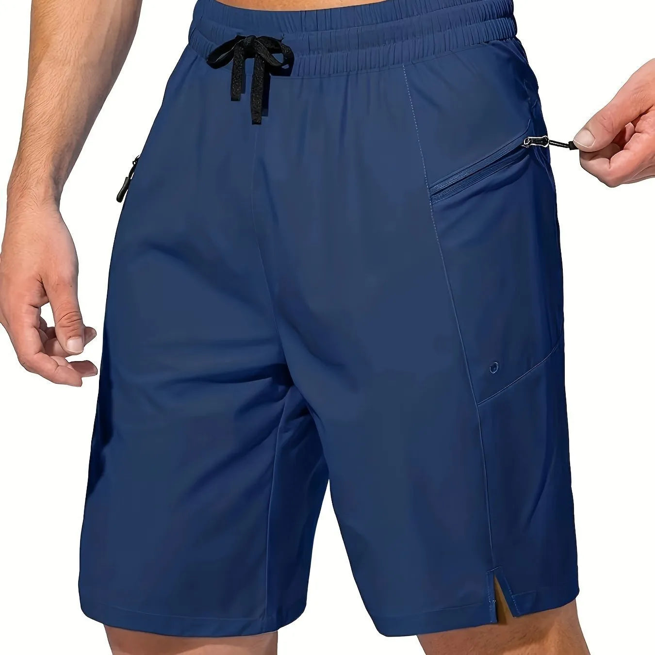 Men's solid colour quick-drying beach shorts in straight-leg polyester fabric
