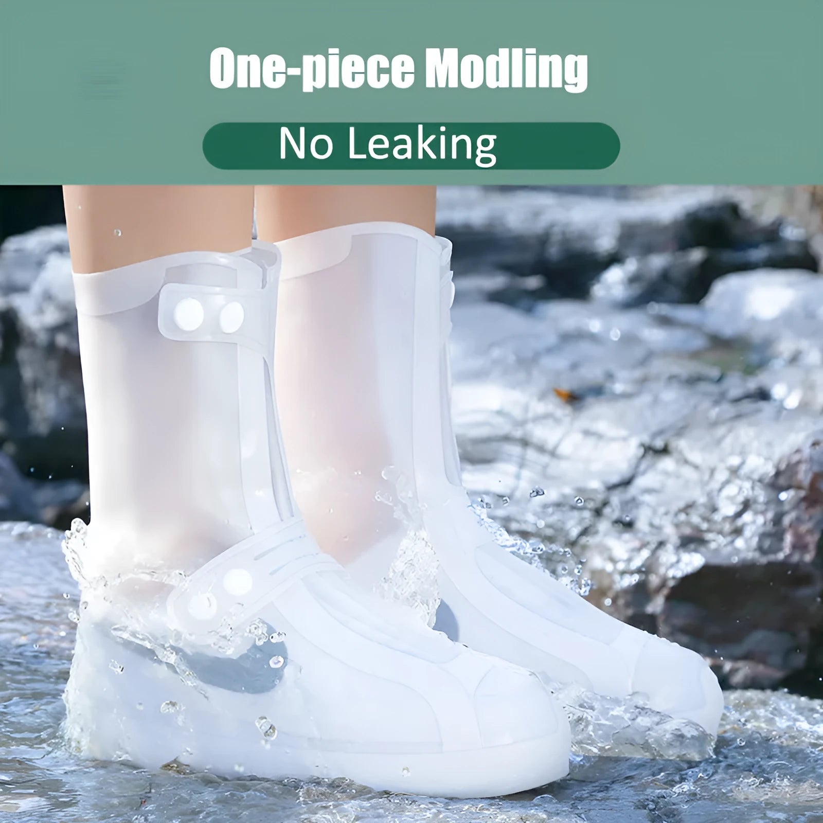 White PVC women's reusable waterproof shoe covers with high top design