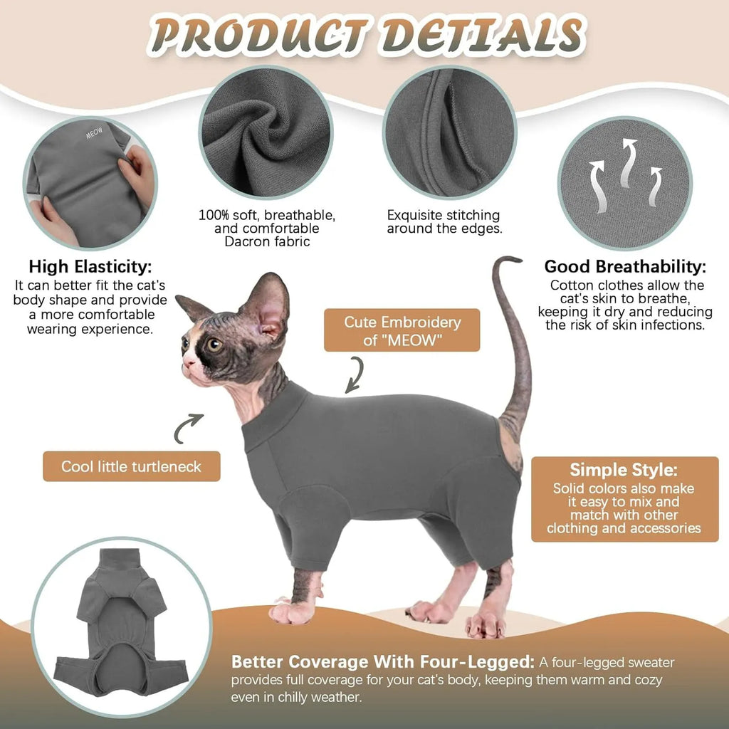A grey Sphynx cat wearing a soft beige turtleneck sweater with leg openings.