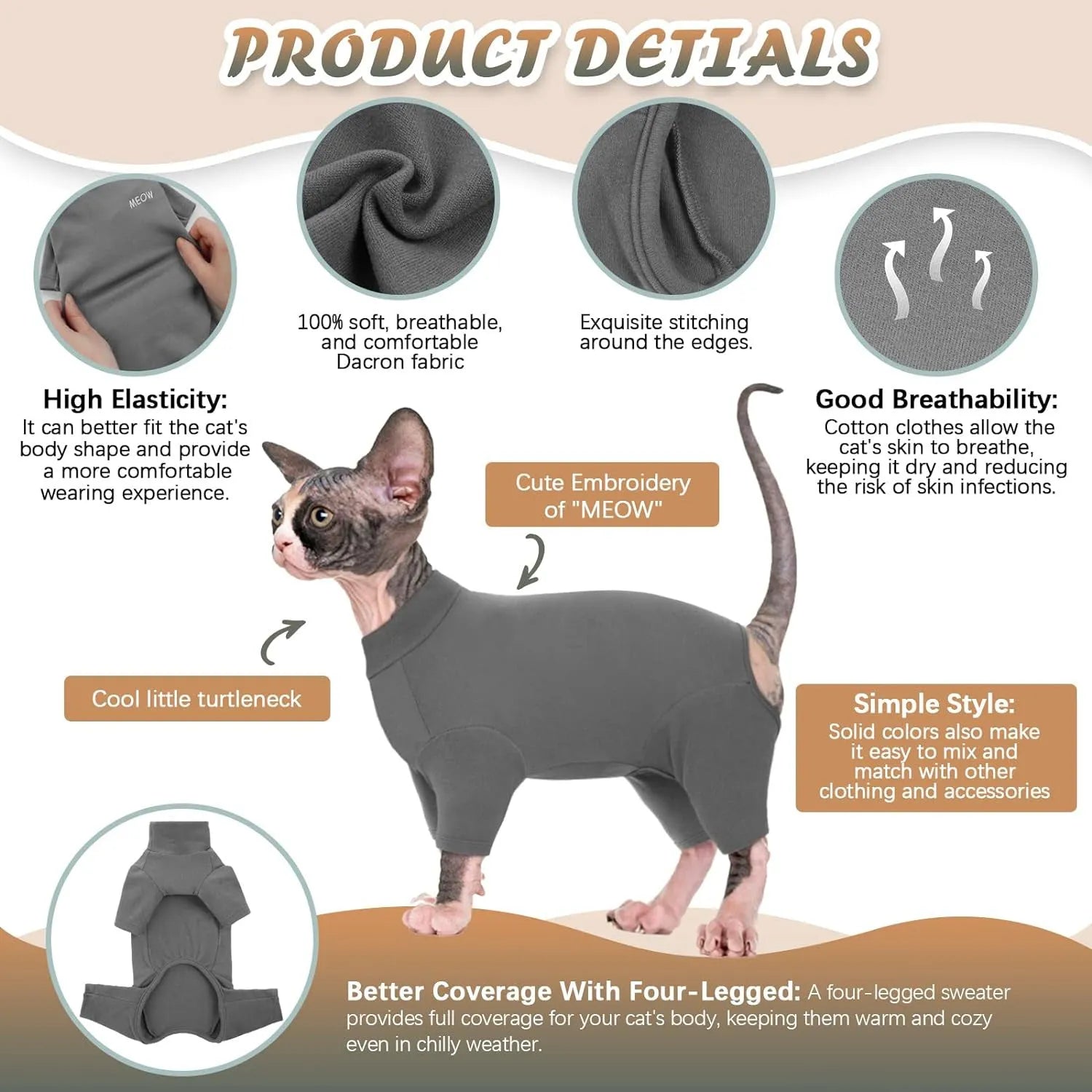 A grey Sphynx cat wearing a soft beige turtleneck sweater with leg openings.