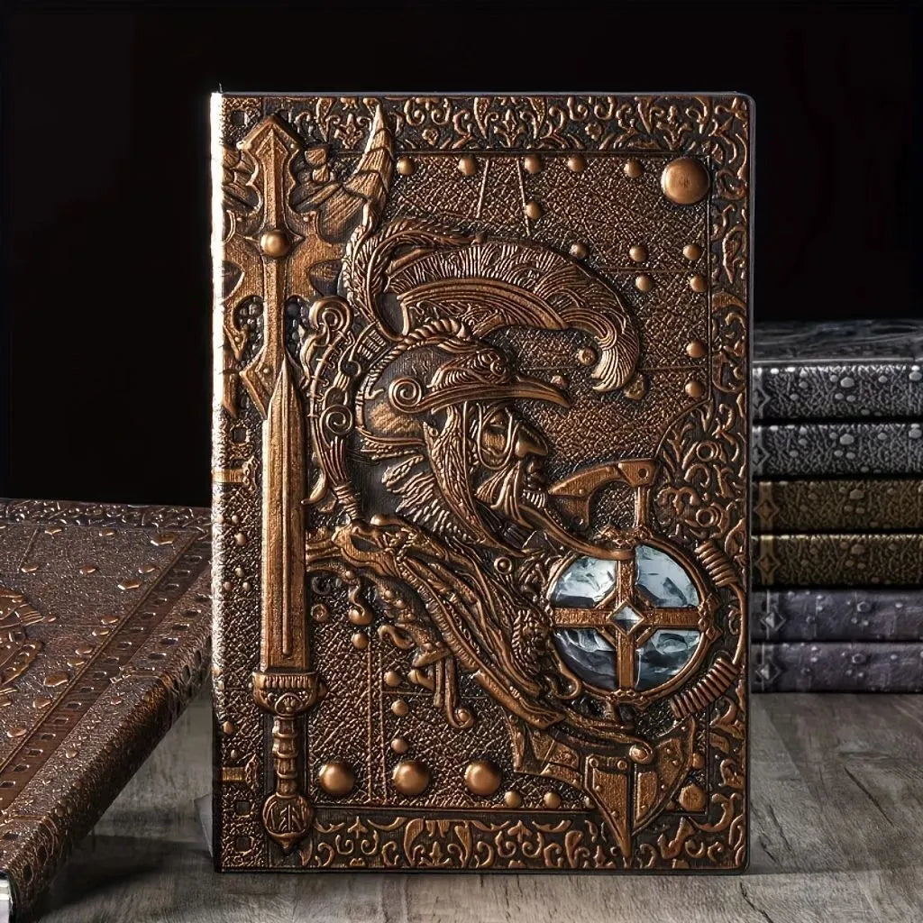 Creative retro A5 leather notebook with 3D warriors relief embossed cover, shown open on durable paper pages.