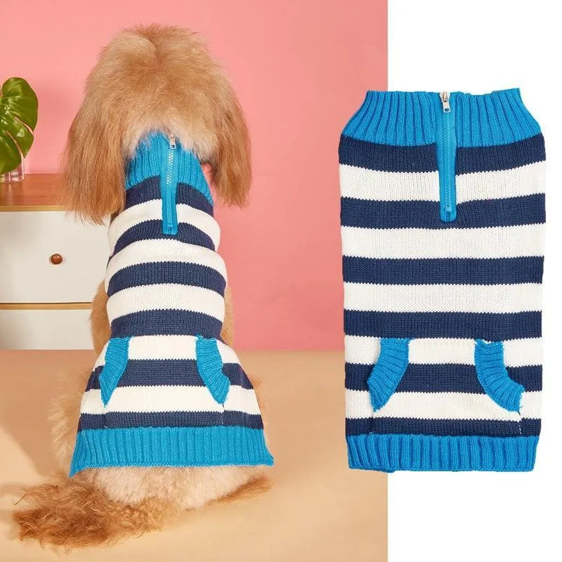 Small medium dog sweater with horizontal zipper and button pocket in contrast colours