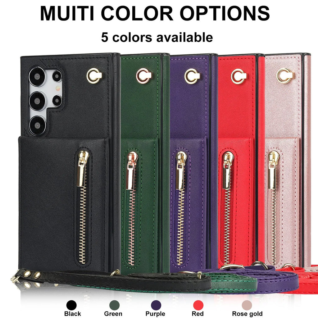 Handmade PU TPU leather Samsung phone case with bracket, card slots and crossbody zipper in multiple colours