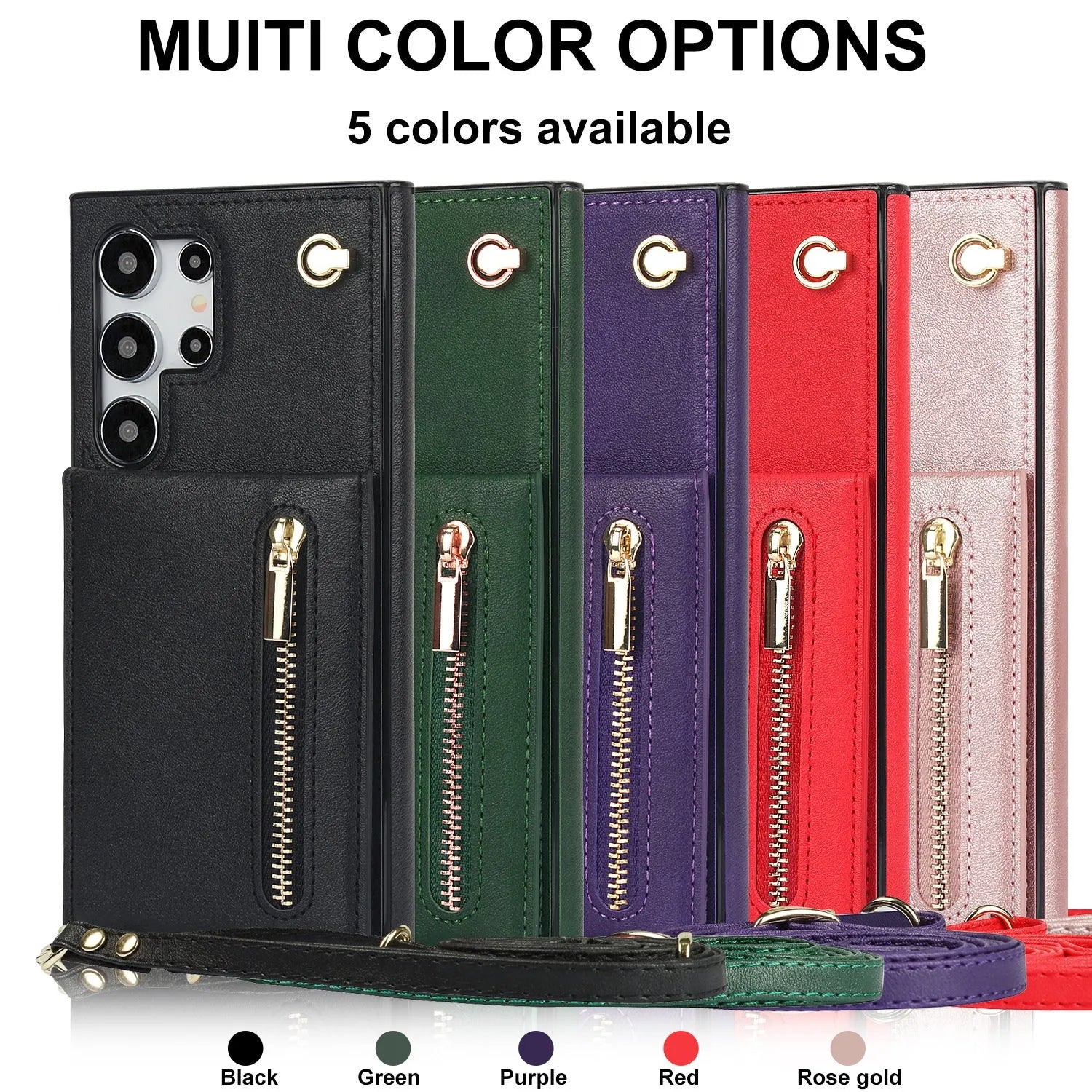 Handmade PU TPU leather Samsung phone case with bracket, card slots and crossbody zipper in multiple colours