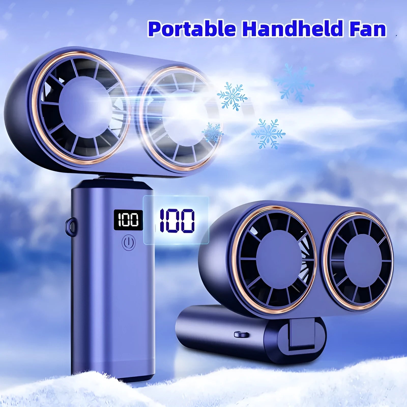 Folding USB rechargeable handheld mini fan with digital display showing battery level and wind speed setting