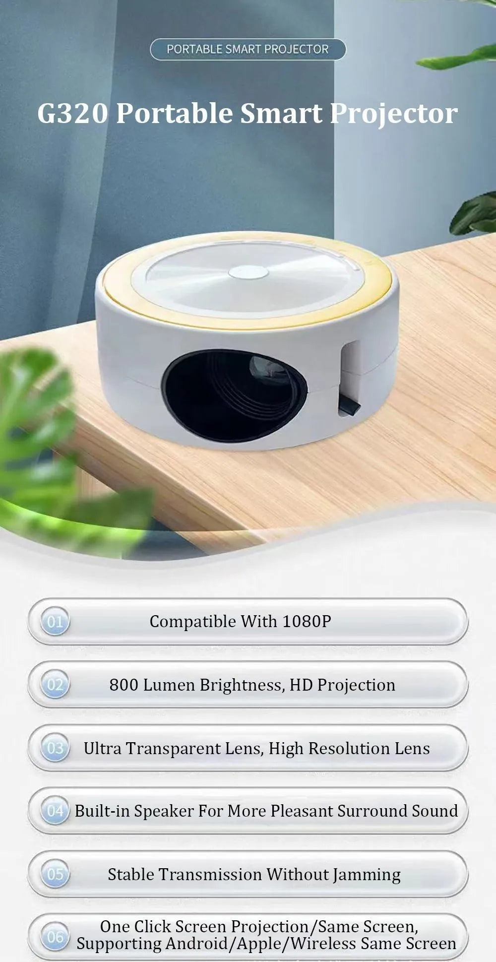 YT200 portable LED projector in four colour options showing 110mm diameter compact design