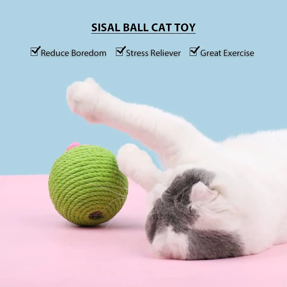 Green cactus-shaped cat scratcher with rolling ball and sisal tree tower for indoor feline play
