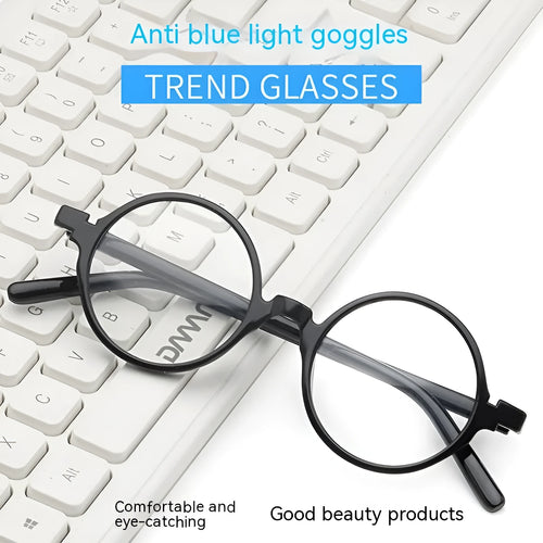 Artistic retro round flat mirror glasses in four colour options on display