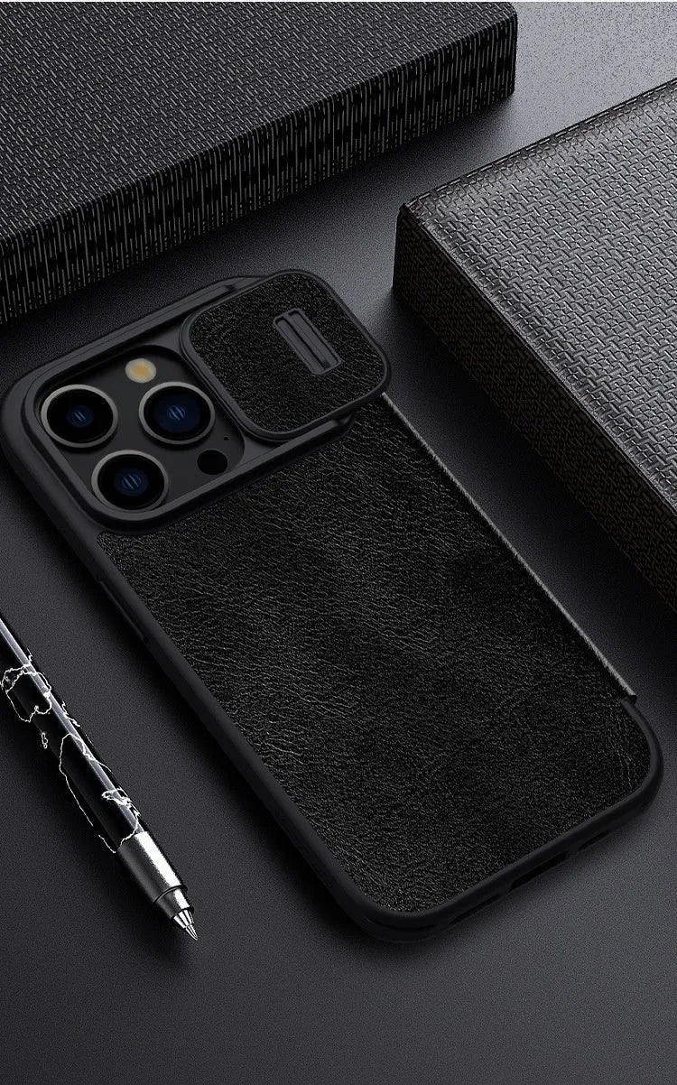 iPhone 15 Pro Max imitation leather flip wallet case in black showing front cover closed.