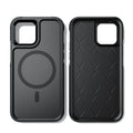 Black shatterproof magnetic back cover phone case for Apple iPhone 12 and iPhone 13 models.