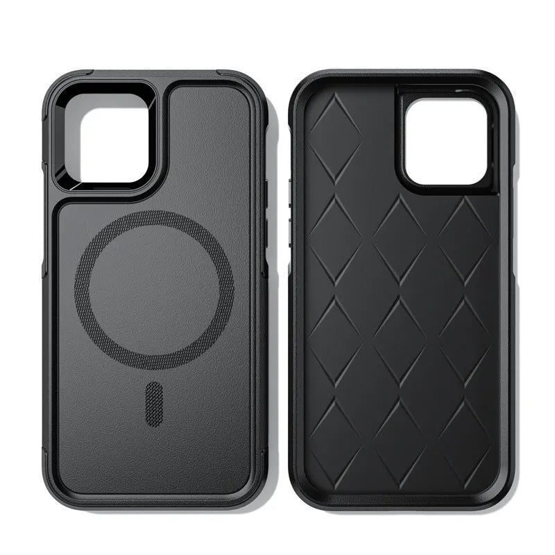 Black shatterproof magnetic back cover phone case for Apple iPhone 12 and iPhone 13 models.